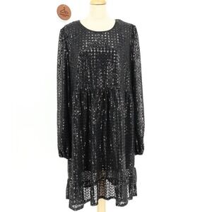 Chic Soul Long Sleeve Black‎ Sequin Babydoll Tiered Ruffled Hem Dress Size 2X